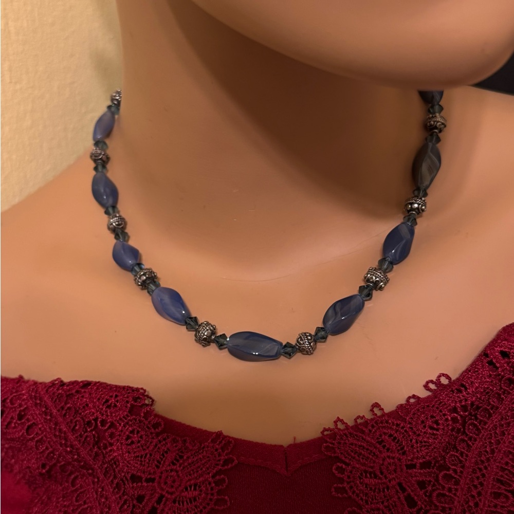Blue glass beaded necklace with silver ornate tone beads & blue acrylic spacers